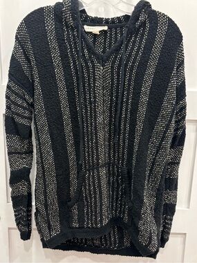 lovestitch Black and White Striped Baja Knit Hoodie Pullover